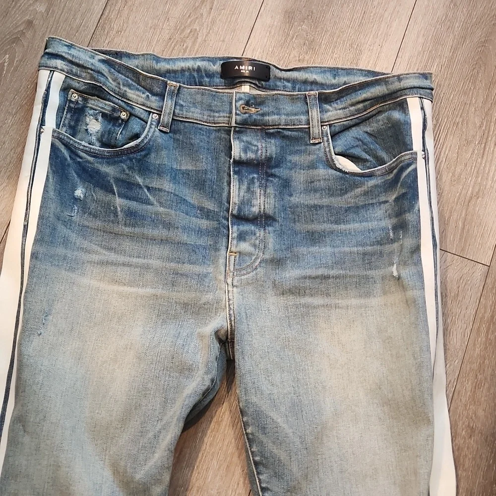 AMIRI Blue and White Skinny Jeans with Distressed Details